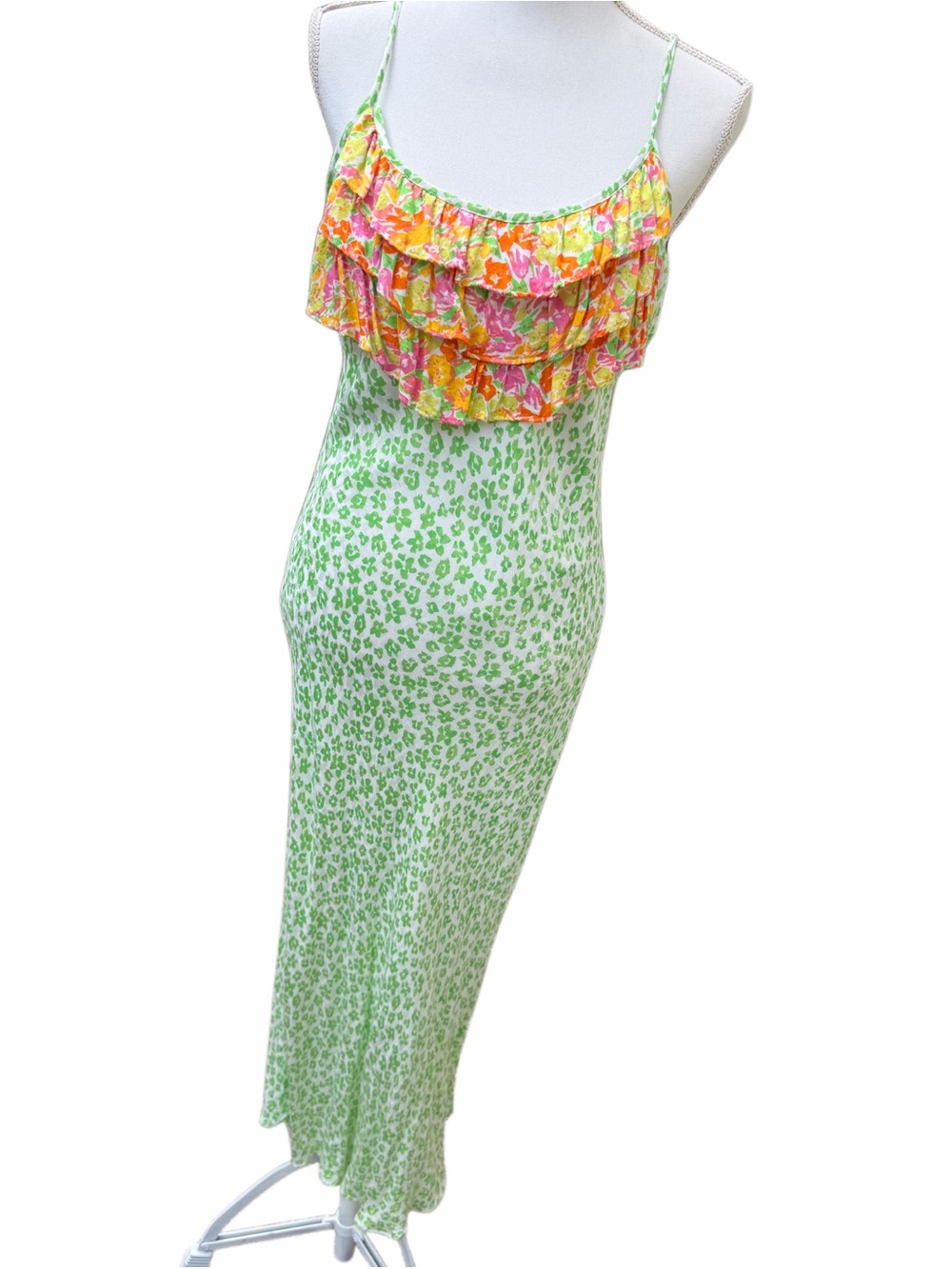 Rixo for Target Midi Slip Dress Green Leopard Print w/ Floral Ruffles Size M